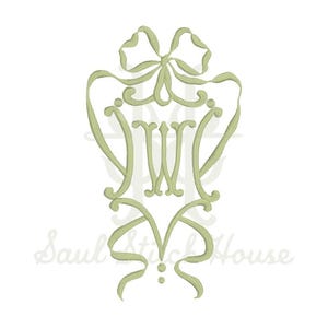 May include: A light sage green machine embroidery design featuring a central monogram with the letters JW, surrounded by an ornate, flowing ribbon motif tied in a bow at the top and bottom, with the text Saul Stitch House visible in the background.
