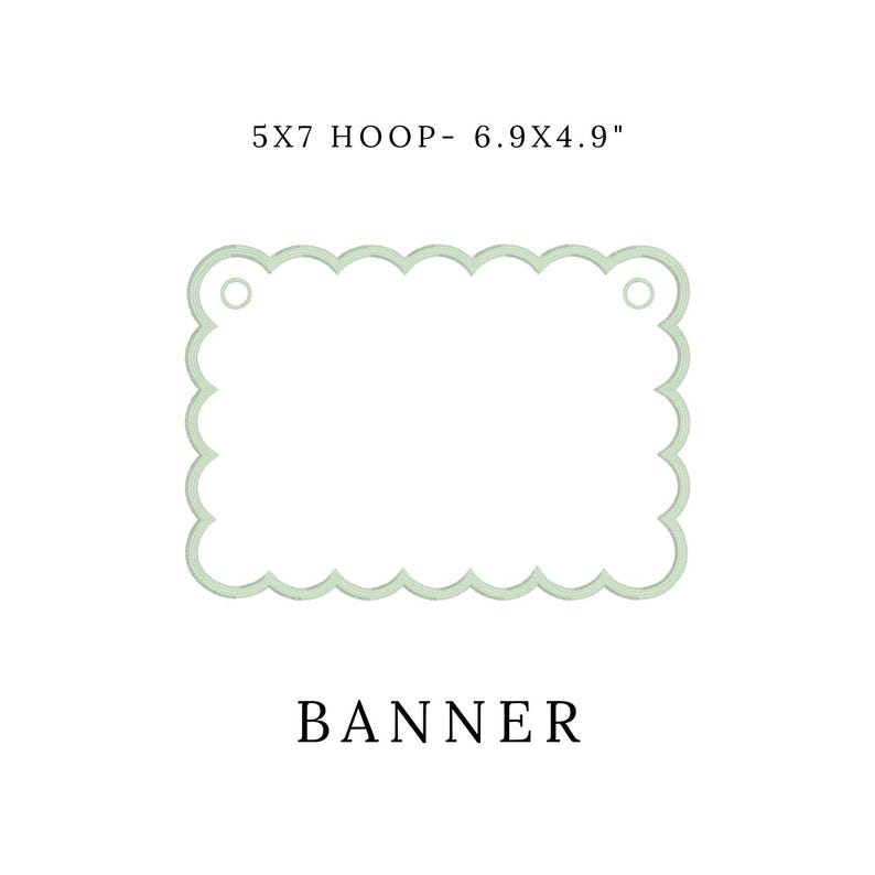May include: A light green banner with a scalloped edge and two small holes at the top. The banner is rectangular and has the text "BANNER" at the bottom. The dimensions are 6.9 x 4.9 inches.
