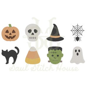 Peut inclure: Un ensemble de motifs de broderie représentant huit icônes d'Halloween : une citrouille orange, un crâne blanc, un chapeau de sorcière noir, une toile d'araignée noire avec une araignée, un chat noir, un bonbon maïs jaune et orange, un monstre vert et un fantôme blanc.
