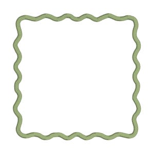 Könnte beinhalten: Ein quadratischer, salbeigrüner Rahmen mit gewelltem, wellenförmigem Rand. Der Rahmen ist in der Mitte leer, mit weißem Hintergrund. Das Design ist schlicht und elegant, geeignet für verschiedene Bastelprojekte oder digitale Kunst.