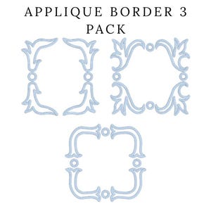 Puede incluir: Un paquete de tres bordes de aplique azul claro en varias formas. Los bordes incluyen un diseño vertical, un diseño cuadrado y un diseño rectangular. El texto "APPLIQUE BORDER 3 PACK" está en la parte superior.