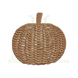 May include: An embroidery design of a pumpkin featuring a brown, woven basket-like texture. The pumpkin is round with a short, vertical stem at the top. The stitching creates a detailed pattern that mimics the appearance of interlaced wicker material.
