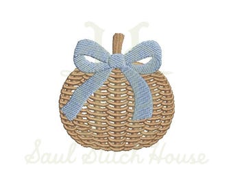 Fall Pumpkin Embroidery Design, Grandmillennial Wicker Pumpkin with Bow Machine Embroidery Files, Instant Digital Download- 3 inch