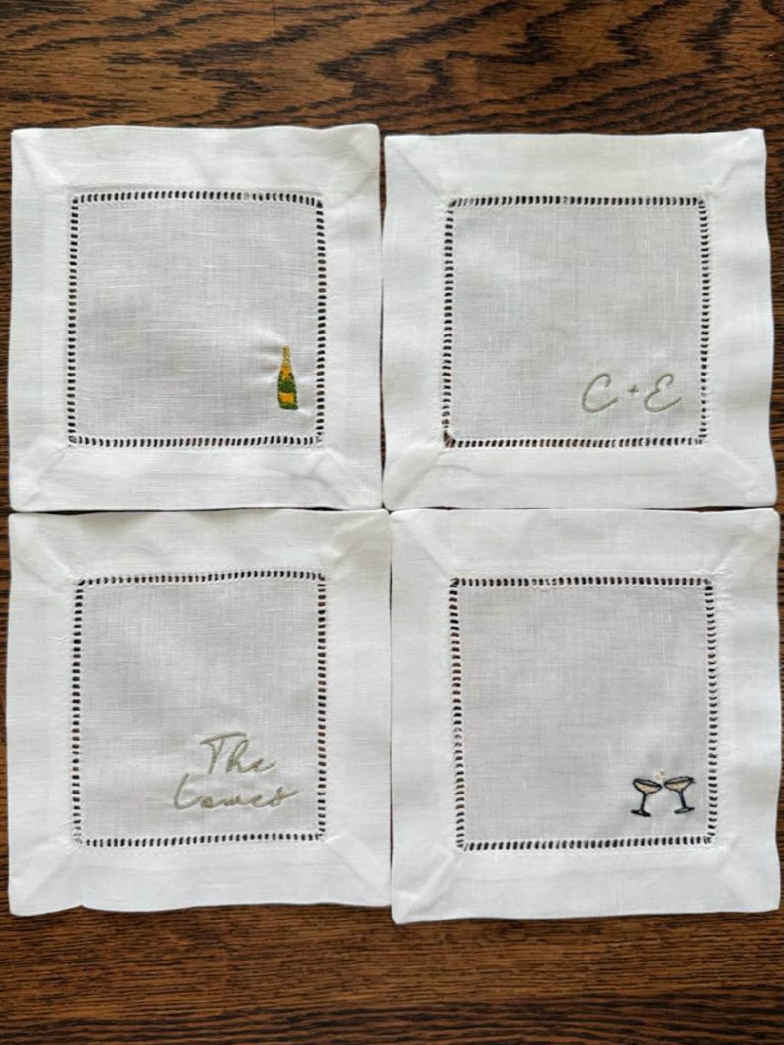 Custom Embroidered Linen Cocktail Napkin Set with Names, Initials and Champagne Motifs, Personalized Bar Coasters for Weddings or Gifts - Set of 8