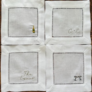 Custom Embroidered Linen Cocktail Napkin Set with Names, Initials and Champagne Motifs, Personalized Bar Coasters for Weddings or Gifts