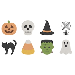 Puede incluir: Un conjunto de parches bordados con temática de Halloween. Incluye una calabaza, una calavera, un sombrero de bruja, una telaraña, un gato negro, caramelos de maíz, Frankenstein y un fantasma. Cada parche tiene un diseño bordado.