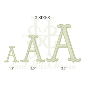 May include: Three light green embroidered letter A designs in different sizes, labeled 1.5", 2.5", and 3.5" with the text 3 SIZES above and Saul Stitch House below. The letters feature a decorative serif font with a visible stitched texture.
