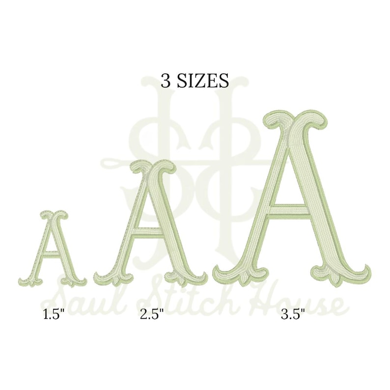 May include: Three light green embroidered letter A designs in different sizes, labeled 1.5", 2.5", and 3.5" with the text 3 SIZES above and Saul Stitch House below. The letters feature a decorative serif font with a visible stitched texture.