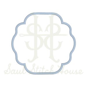 May include: A light blue scalloped frame with a white center featuring a stylized monogram of the letters S and H. The text Saul Stitch House is written in a light script font at the bottom of the design, which has a white background.