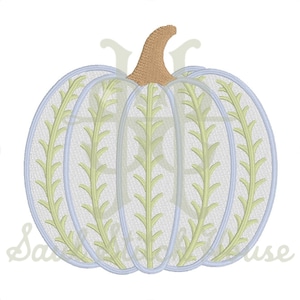 May include: An embroidered pumpkin design featuring a light tan stem and a white body with light blue outlines. The pumpkin segments are decorated with vertical, light green, leaf-like vine patterns stitched onto the white fabric surface.
