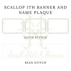 May include: A digital design file featuring a scallop ITH banner and name plaque. The top row displays three rectangular shapes with scalloped edges and satin stitch borders. The bottom row shows three identical shapes with bean stitch borders.