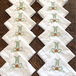 Custom Fall Holiday Pumpkin Dinner Napkins, Embroidered Linen with Monogram and Seasonal Bow Design, Thanksgiving or Autumn Table Décor