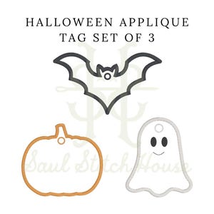 May include: A set of three Halloween applique tags featuring a dark grey bat, an orange pumpkin outline, and a white ghost with black eyes and a mouth. The text HALLOWEEN APPLIQUE TAG SET OF 3 is printed at the top of the image.