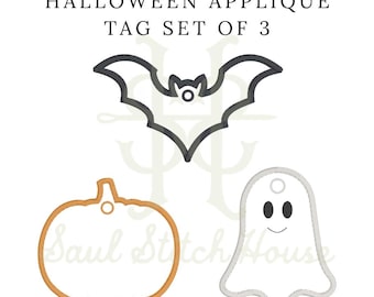 Halloween Applikation Anhänger Stickdatei Set von 3, Fledermaus, Kürbis und Geist Ornament Dateien für Leckerlibeutel und Dekoration - digitaler Download