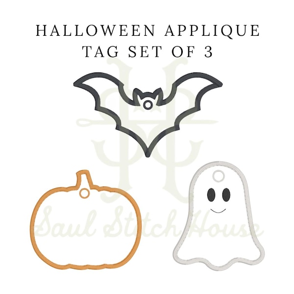 Halloween Appliqué Tag Embroidery Design Set of 3, Bat, Pumpkin, and Ghost Ornament Files for Treat Bags and Décor – Digital Download