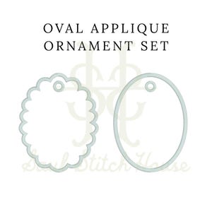 May include: An oval applique ornament set featuring two light blue outlines. One shape has a scalloped edge, and the other has a smooth oval edge. Both shapes include a small circular hole at the top. The text OVAL APPLIQUE ORNAMENT SET is visible.