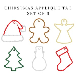 Puede incluir: Conjunto de seis etiquetas de apliques navideños con formas variadas: un gorro de Papá Noel, un hombre de jengibre, un ángel, un árbol de Navidad, un muñeco de nieve y un calcetín. Cada etiqueta tiene un agujero para colgar. El texto "CHIRSTMAS APPLIQUE TAG SET OF 6".