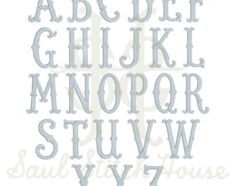 May include: A complete set of twenty-six uppercase letters from A to Z, rendered in a light blue, textured embroidery style. Each letter features a distinct serif typeface with vertical line detailing, arranged in five rows against a plain background.