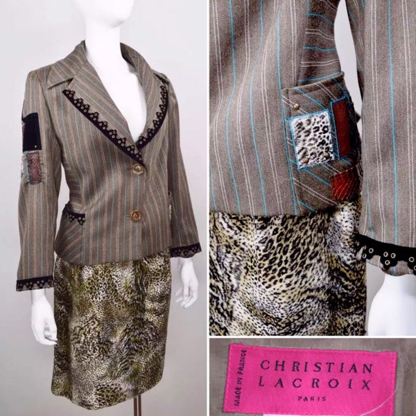 Vintage Women’s Couture Christian Lacroix - Suit | Stripe patchwork Faux Fur Animal Print SkIrt | Matching 2 Piece Set Jacket Skirt L France