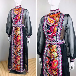 DONALD BROOKS Vintage Couture 1960s Black Silk Organza Psychedelic Colorful Embroidery Sheer Formal Evening Gown Dress Museum Quality image 1