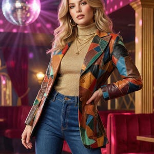 Size M ~ Vintage Womens 70s Wide Collar Multicolored Patchwork Leather Jacket | The Tannery Wards Hippie Boho Disco Rocker Style Coat Blazer