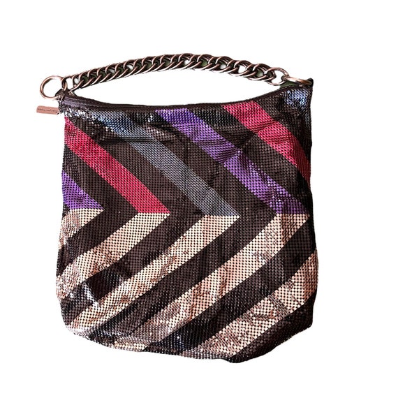 HTF 80s 90s WHITING & DAVIS Mesh Shoulder Bag | Multicolor Chevron Silver Black Purple Pink Blue Metallic Chainmail | Hand bag Mesh Purse