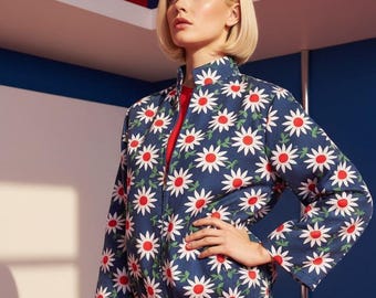 True Vintage 60s Mod Daisy Jacket  | Red White and Blue Flower Power Print |Cotton Beach Spring Jacket Mandarin Collar Coverup Made in Japan