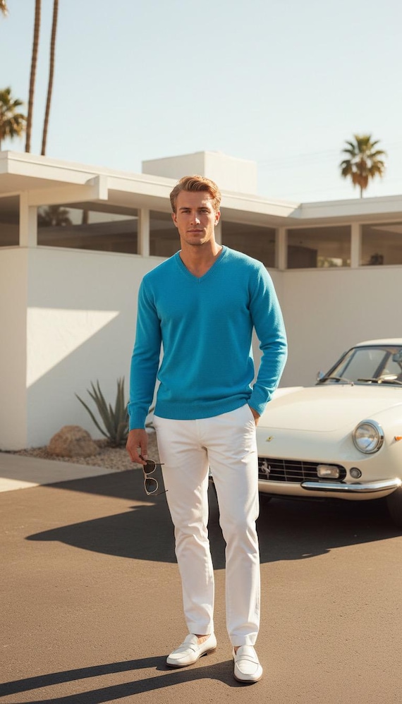 Vintage 50s 1950s Mens Jantzen Kharafleece Blue Knit V Neck AtOmiC VeRY MOD Pullover Sweater M L 44 Vtg