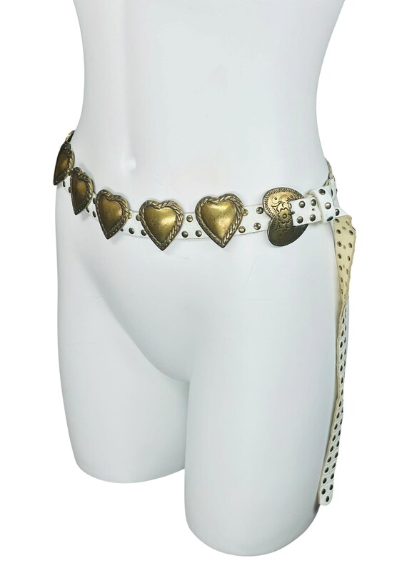 Vintage 80s Sand Castle White Leather Brass Heart Concho Western Studded Statement Belt