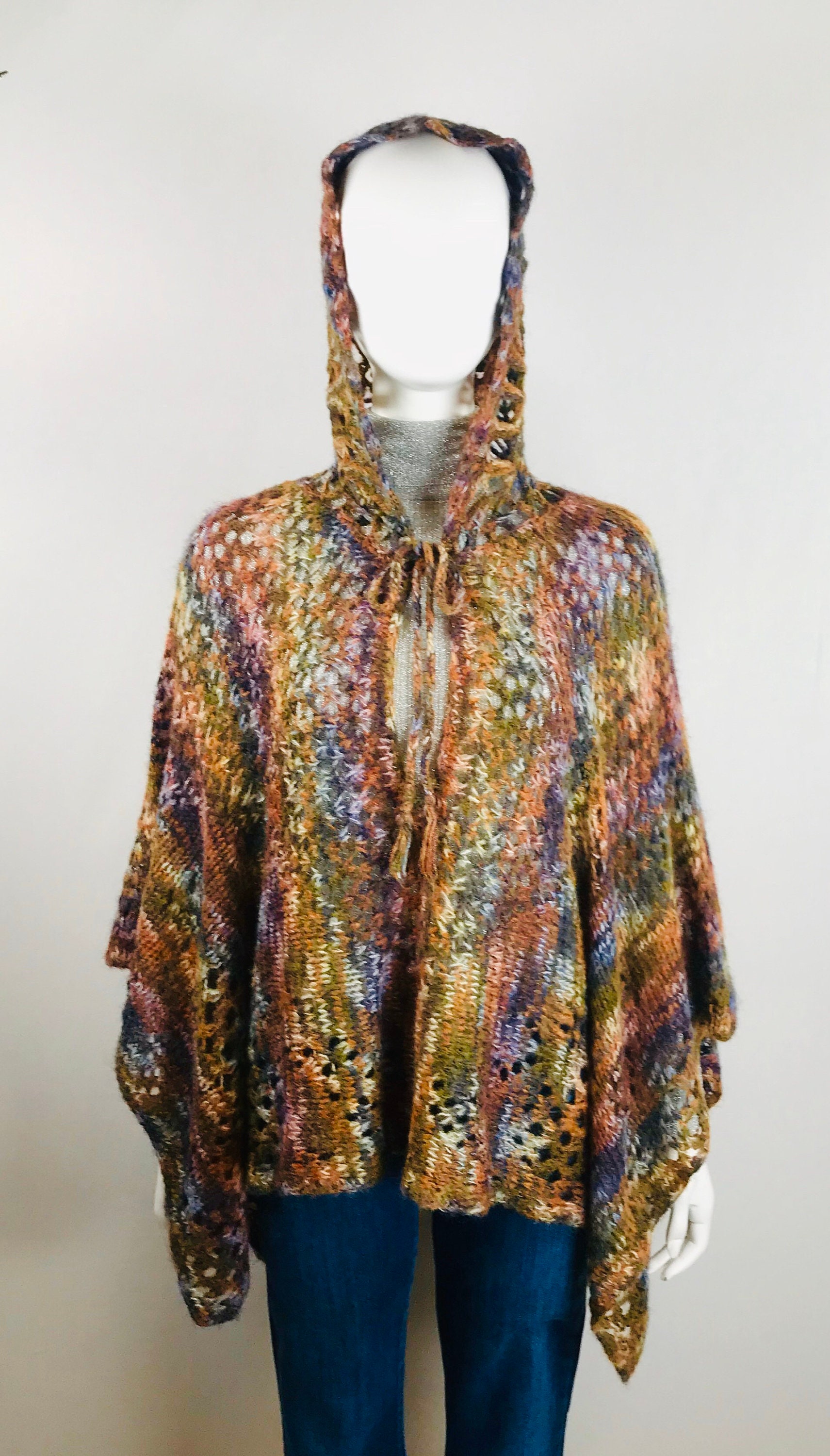 Vintage Size L 1970s Rainbow Space Dyed Metallic Wool Blend Poncho ...