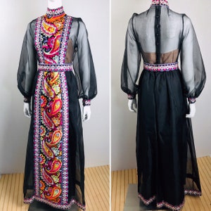 DONALD BROOKS Vintage Couture 1960s Black Silk Organza Psychedelic Colorful Embroidery Sheer Formal Evening Gown Dress Museum Quality image 8