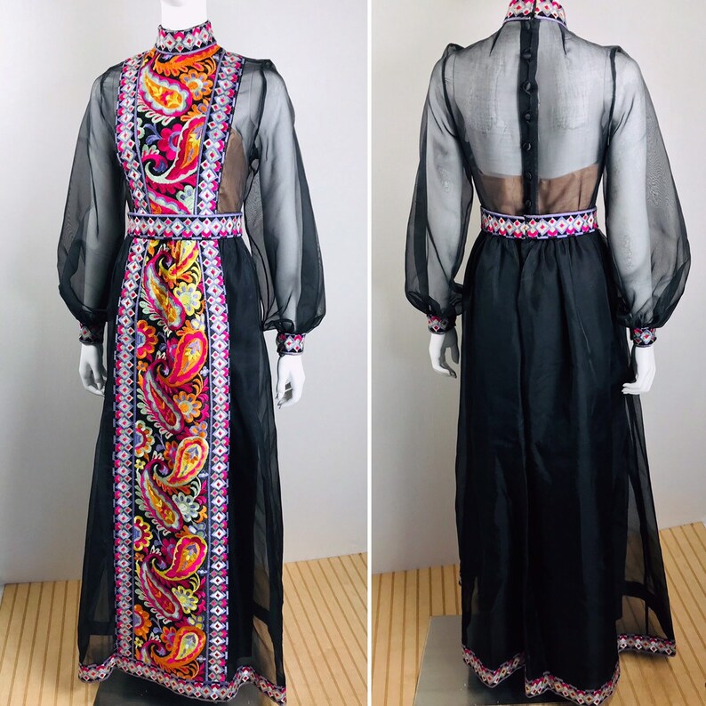 DONALD BROOKS Vintage Couture 1960s Black Silk Organza Psychedelic Colorful Embroidery Sheer Formal Evening Gown Dress Museum Quality image 8