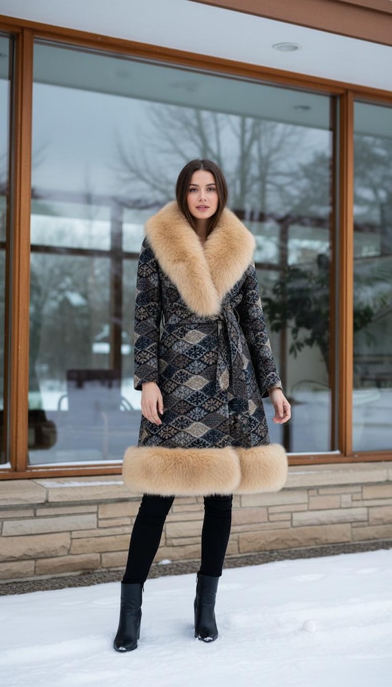 Size L - Vintage 60s 70s Tapestry Snowflake Princess Coat Huge Shearling Fur Collar & Trim Full Length | Country Pacer Penny Lane  Hippie