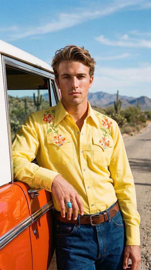 Nos - Vintage 1970's Rockmount Ranch Wear Shirt | Embroidered Marigold Floral Western | M 44 Chest