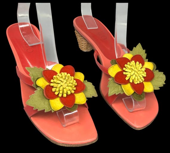 Size 7 M | Vintage 90s Zalo Leather Whimsical Sunflower Slip On Resort Summer Mule Sandals