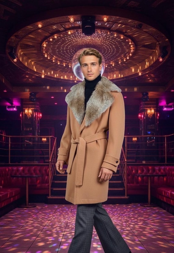 Vintage Mens 46 | Vintage 70s CAMPUS Beige Wool Huge Faux Fur Collar Pimp Ron Burgundy Disco Trench Full Length Overcoat Superfly Slap Shot