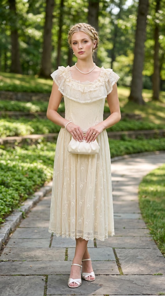 Vintage 70s 80s GUNNE SAX Lace Rose Bud Prairie Victorian Bridal Formal Dress | Size 9 S