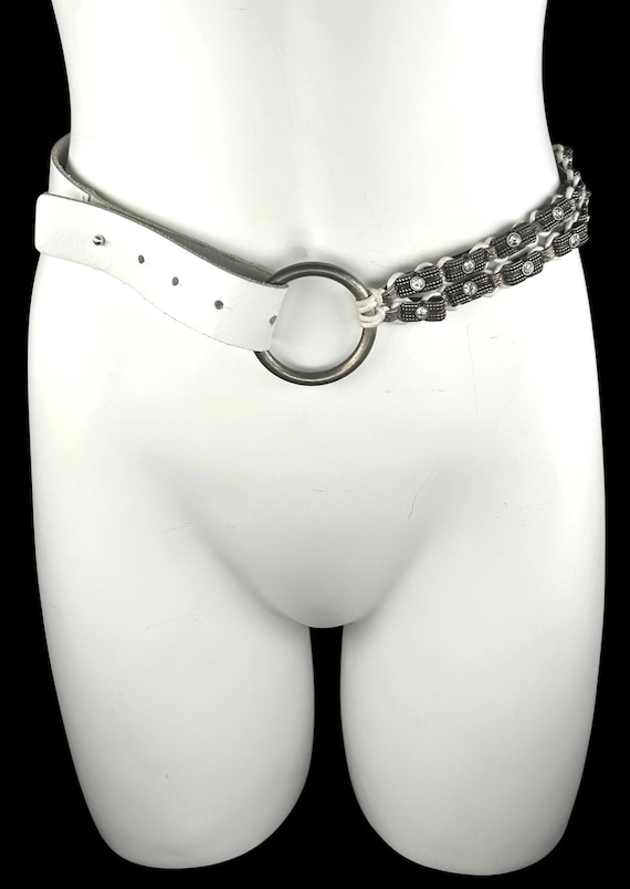 Vintage 80s Women's White Leather Rhinestone Chain O-ring Statement Hip Belt | Glam Punk Rock | Size XL
