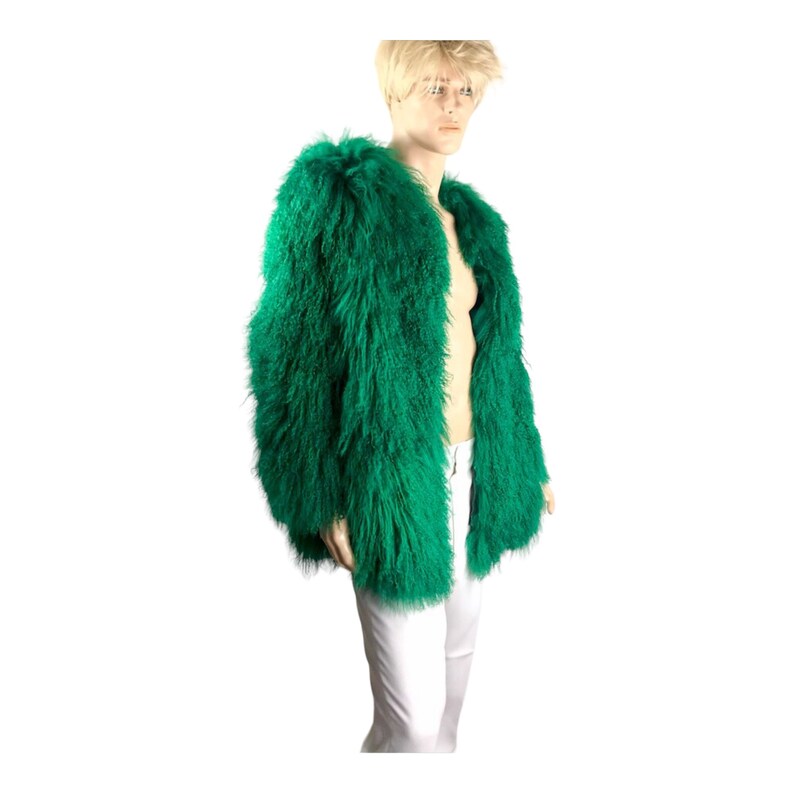 Vintage Crazy Bright Green Rockstar UniSeX Long Shaggy Mongolian Curly Lamb Fur Rock and Roll Hip hop Rap Diva Drag Queen Chest 39 image 4