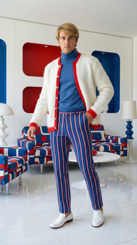 Vintage 60s Men's BRENT White & Red SHAG Mod Cardigan Sweater Size M - Dandy Fashion Carnaby