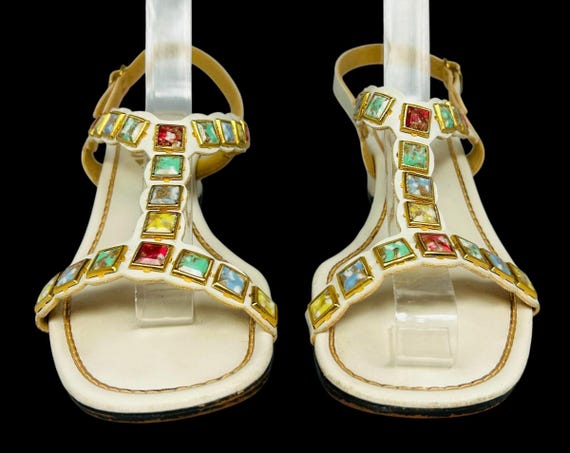 Size 8 N | Vintage 60s 70s Signals by Beacon White Mosaic T-Strap Mod Boho Sandals