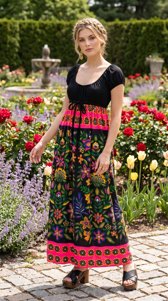 Vintage 70s Maxi Dress Neon Flower Pattern YOUNG EDWARDIAN by ARPEJA | Hippie BoHo