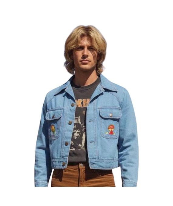 Vintage 60 70s CAMPUS ~ Denim Jean Jacket - Embroidered Mushrooms Hippie Boho Style