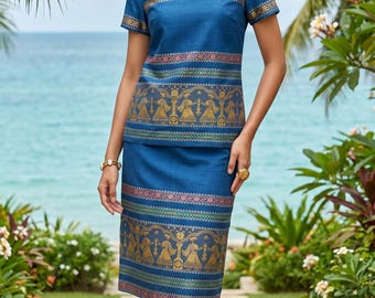 Vintage 60s Thai Lao Sinh 2-Piece Blue Silk Brocade with Gold Embroidery Traditional Outfit | Size M