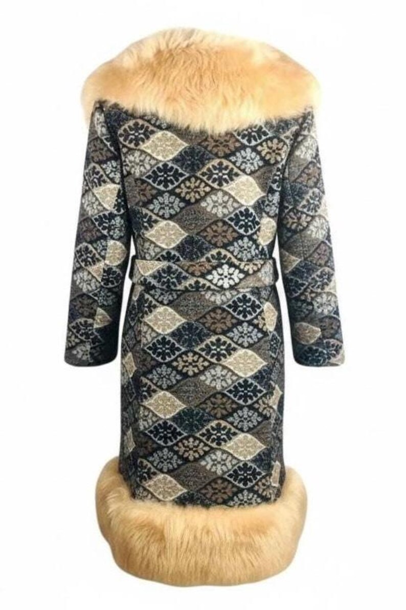 Vintage 60s 70s Snowflake Tapestry Coat - Real Shearling Fur Trimmed, Full Length image 7