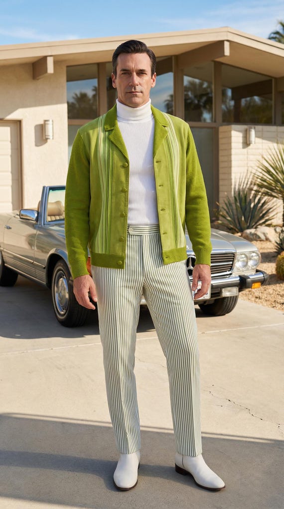 Vintage 50's 60s DAMON Suede Knit Cardigan Sweater Jacket - Mod Green Wool Striped  Mens  |  Size L 46 Chest Mad men Style