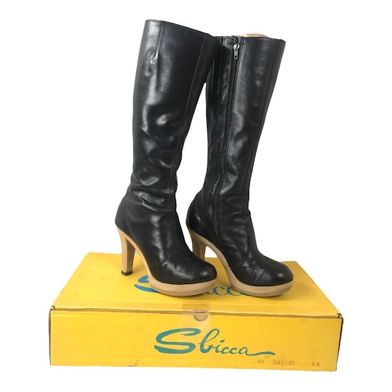 Size 9.5 10 | True 70s Vintage SBICCA Black Leather Platform Boots | Sexy Tall Knee High Wide Calf Boot Rockstar Hippie  Boho Original Box
