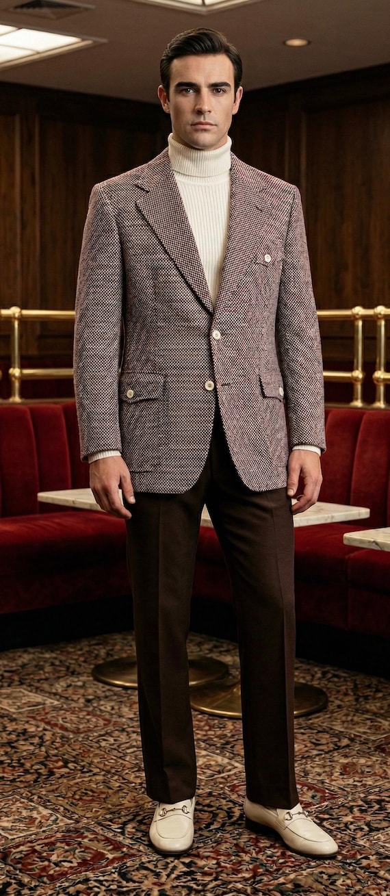 Vintage Men's 70s Mod Sport Jacket - Brown & Black  | Mod - Size M 44"