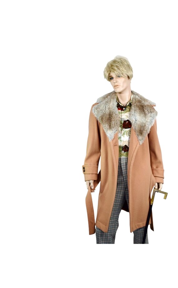 Vintage Mens 46 | 1970s CAMPUS Beige Wool Belted Huge Faux Fur Collar Pimp Long Coat L Disco Trench Full Length Overcoat Superfly Slap Shot