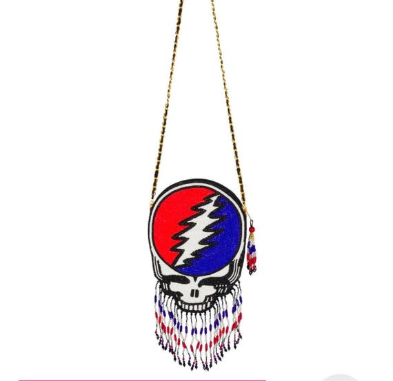 GRATEFUL DEAD Fabulous STEALIE Hand Beaded Crossbody Purse with Long Fringe | Wearable Art Luxury Statement Hand bag Deadhead Gift